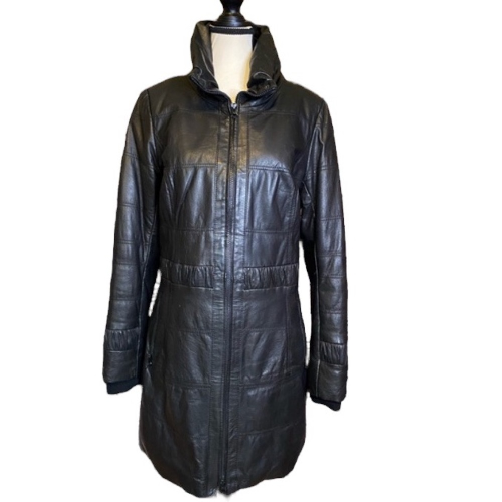 Danier Black Leather Lined Warm Zip Up Long Jacket Size S